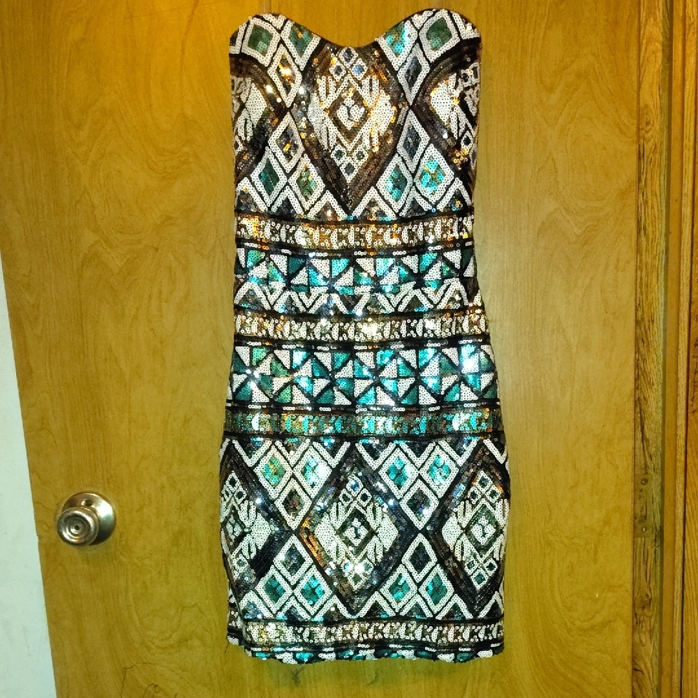 Strapless Geometric Sequin Dress - Black, Gold, Blue